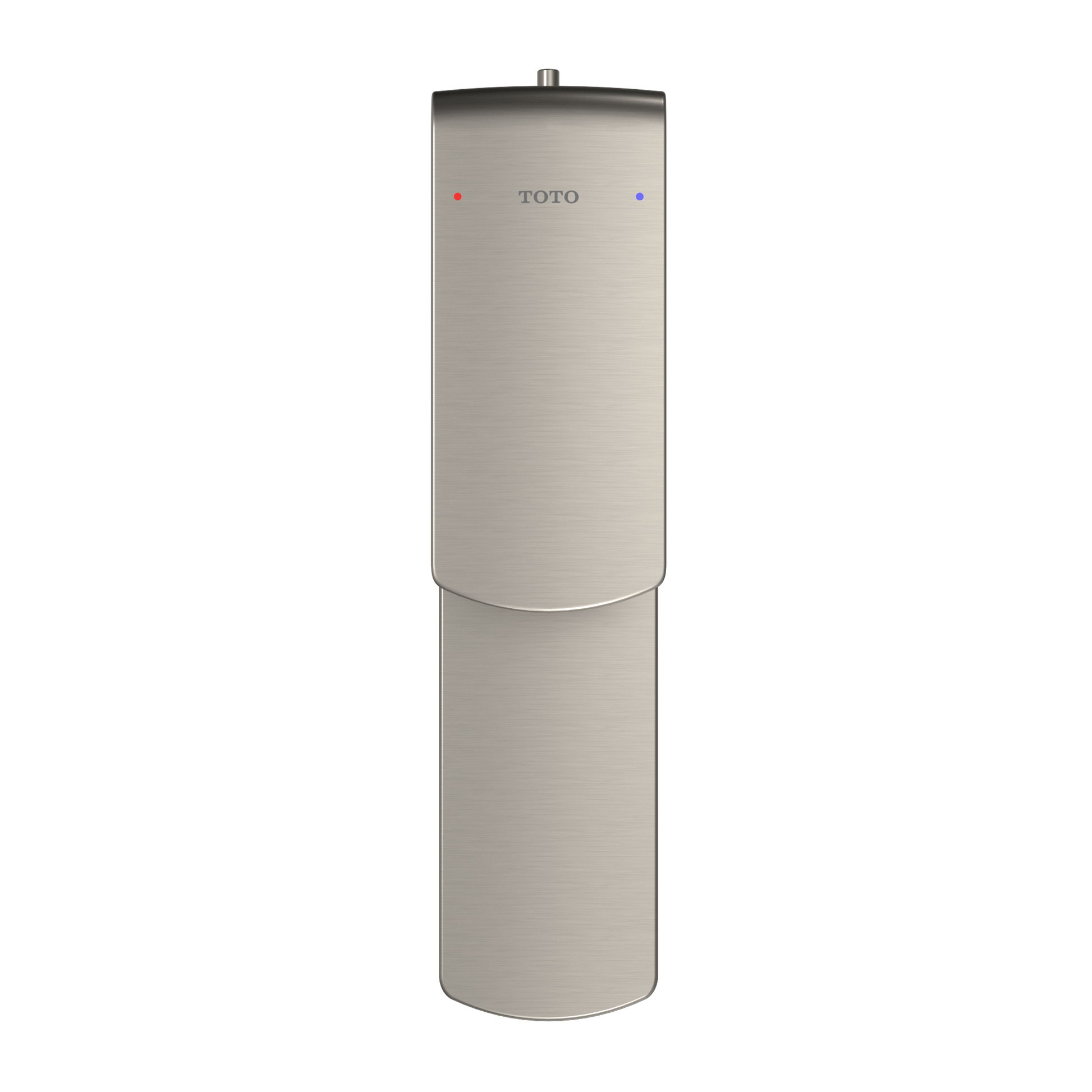 Brushed nickel cylindrical faucet with single handle, red and blue indicator dots, and vertical spout.
