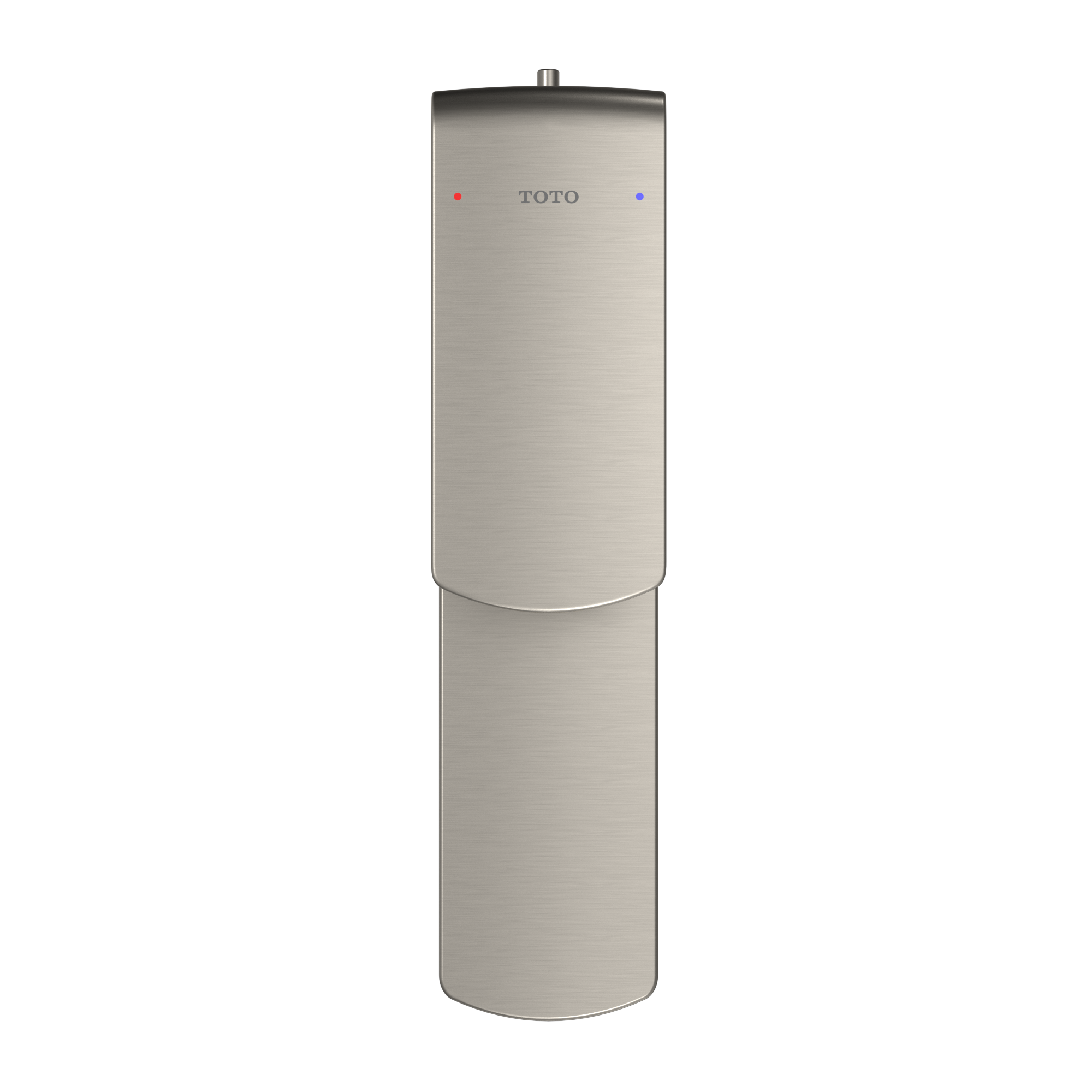 Brushed nickel cylindrical faucet with single handle, red and blue indicator dots, and vertical spout.