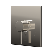 Polished nickel square shower valve trim with cylindrical handle and pressure balance control on dark trim plate.
