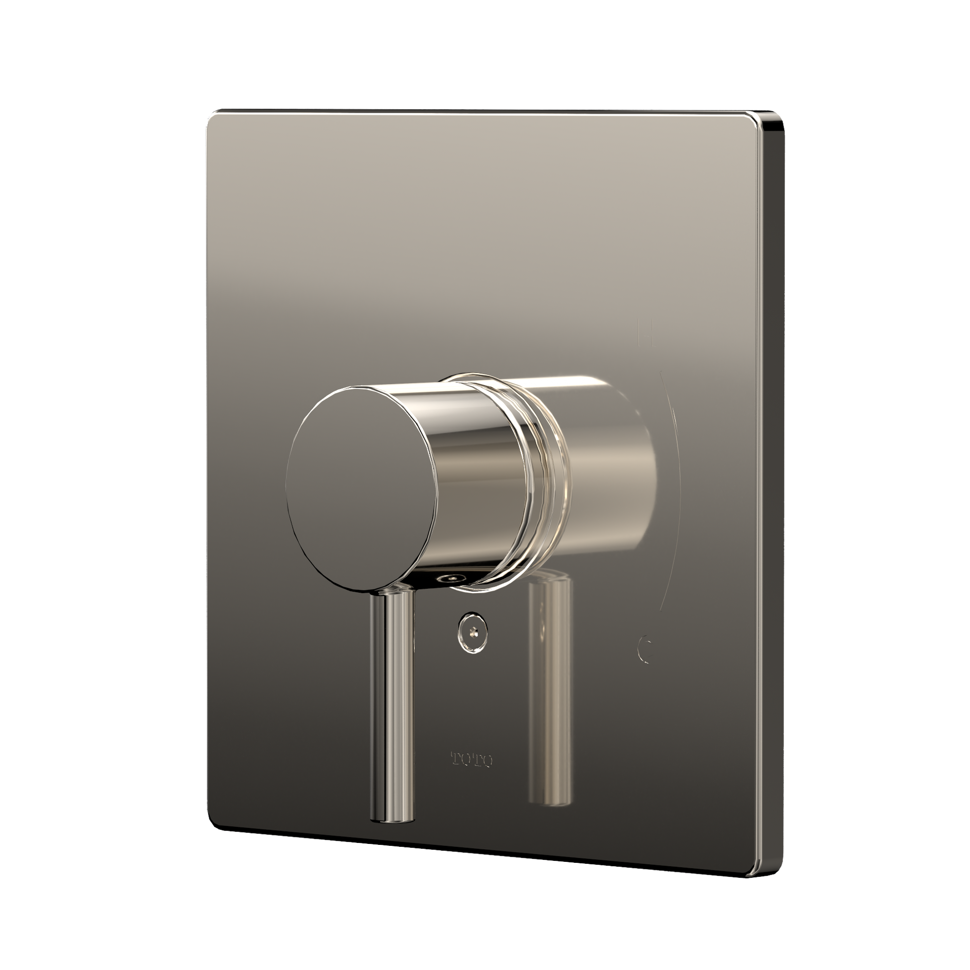 Polished nickel square shower valve trim with cylindrical handle and pressure balance control on dark trim plate.