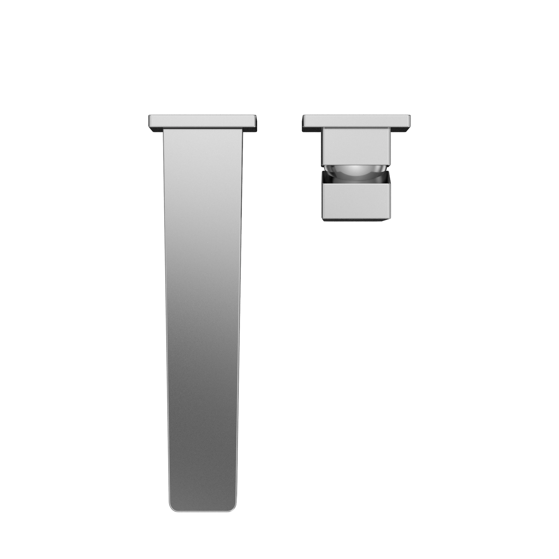 Polished chrome wall-mount bathroom faucet with single handle and long spout, shown with separate aerator component.