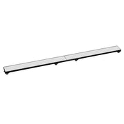 Matte black linear drain grate with elongated rectangular design and raised feet on underside.