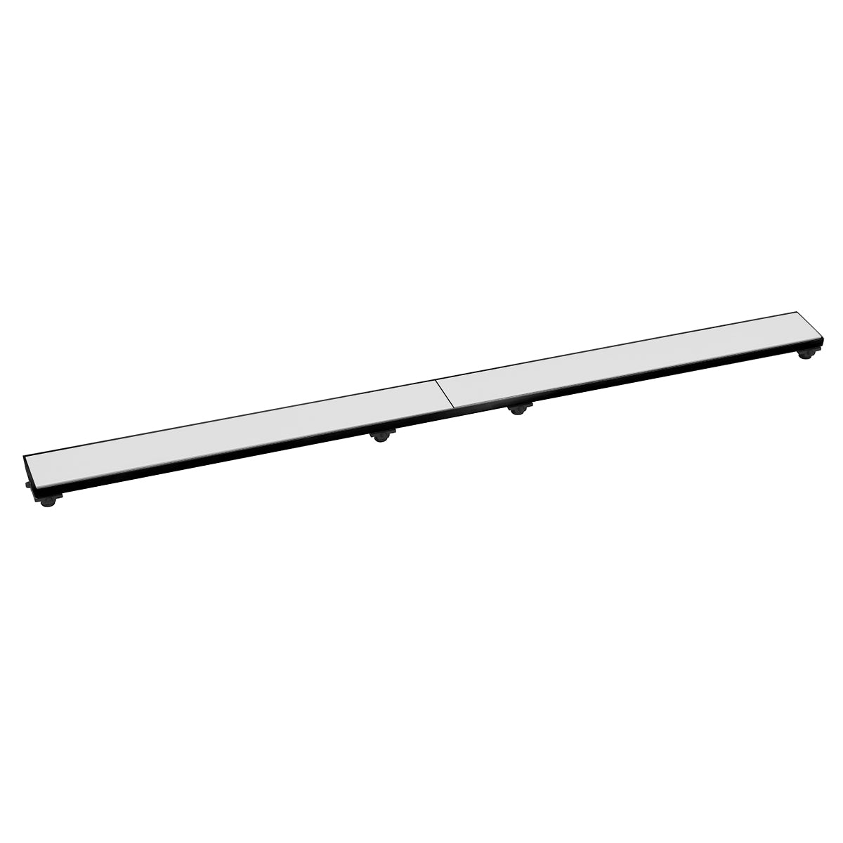 Matte black linear drain grate with elongated rectangular design and raised feet on underside.