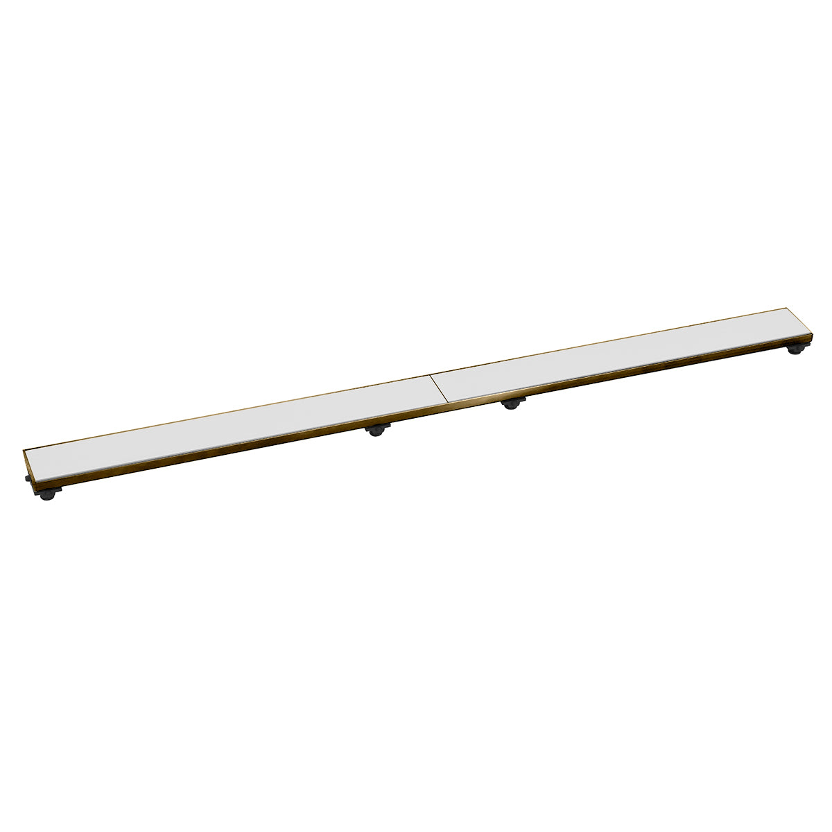 Satin bronze linear drain grate with white inlay strip and small mounting feet along the edges.