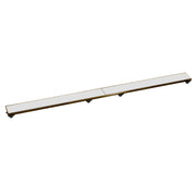 Satin bronze linear drain grate with white center strip and support feet on white background.
