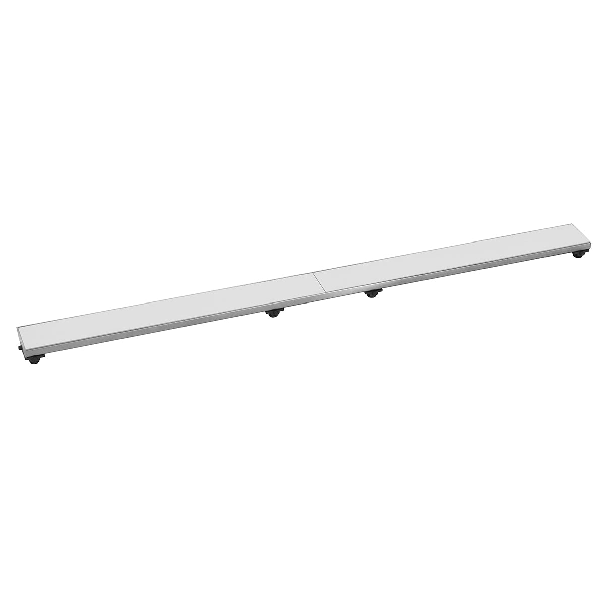 Satin stainless steel linear drain grate with flat surface and small black feet, angled view.