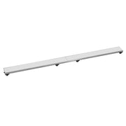 Satin stainless steel linear drain grate, 32 inches long, with rectangular profile and small black feet.