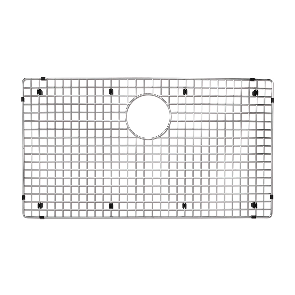 Stainless steel sink grid with square mesh pattern and circular drain opening, featuring black rubber feet on corners and edg