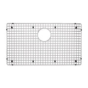 Stainless steel sink grid with square mesh pattern and circular drain opening, featuring black rubber feet on corners and edg