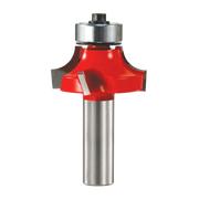 Red and silver rounding over router bit with metal collet and black top grip assembly.