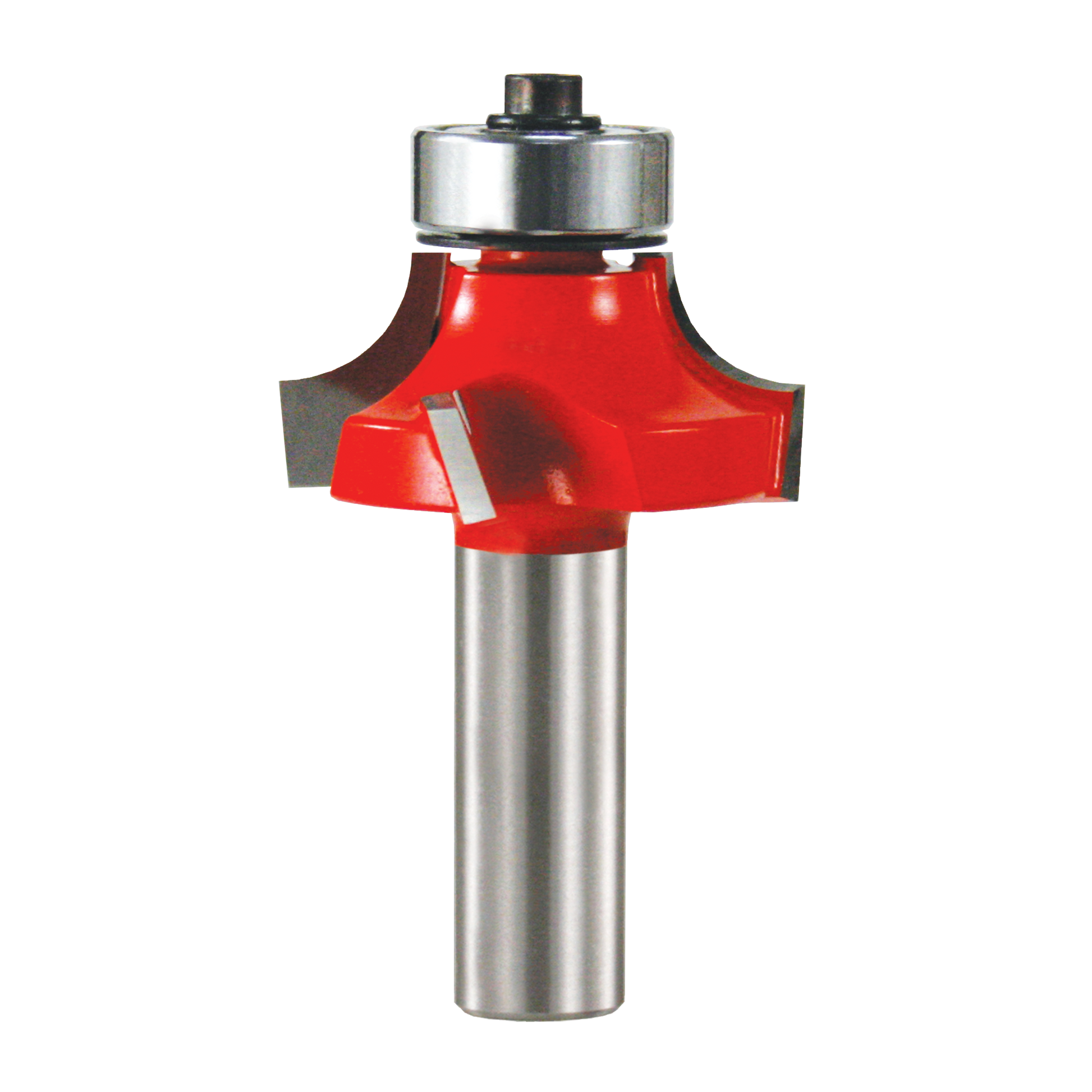 Red and silver rounding over router bit with metal collet and black top grip assembly.