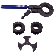 Legend Valve multi-crimp tool with blue handle and interchangeable black crimp dies for various pipe sizes.