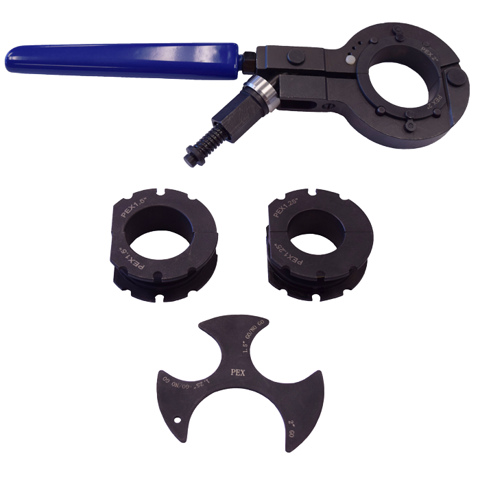 Legend Valve multi-crimp tool with blue handle and interchangeable black crimp dies for various pipe sizes.