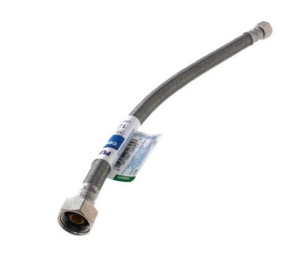 Stainless steel braided water supply line with female threaded connections on both ends and packaging label.