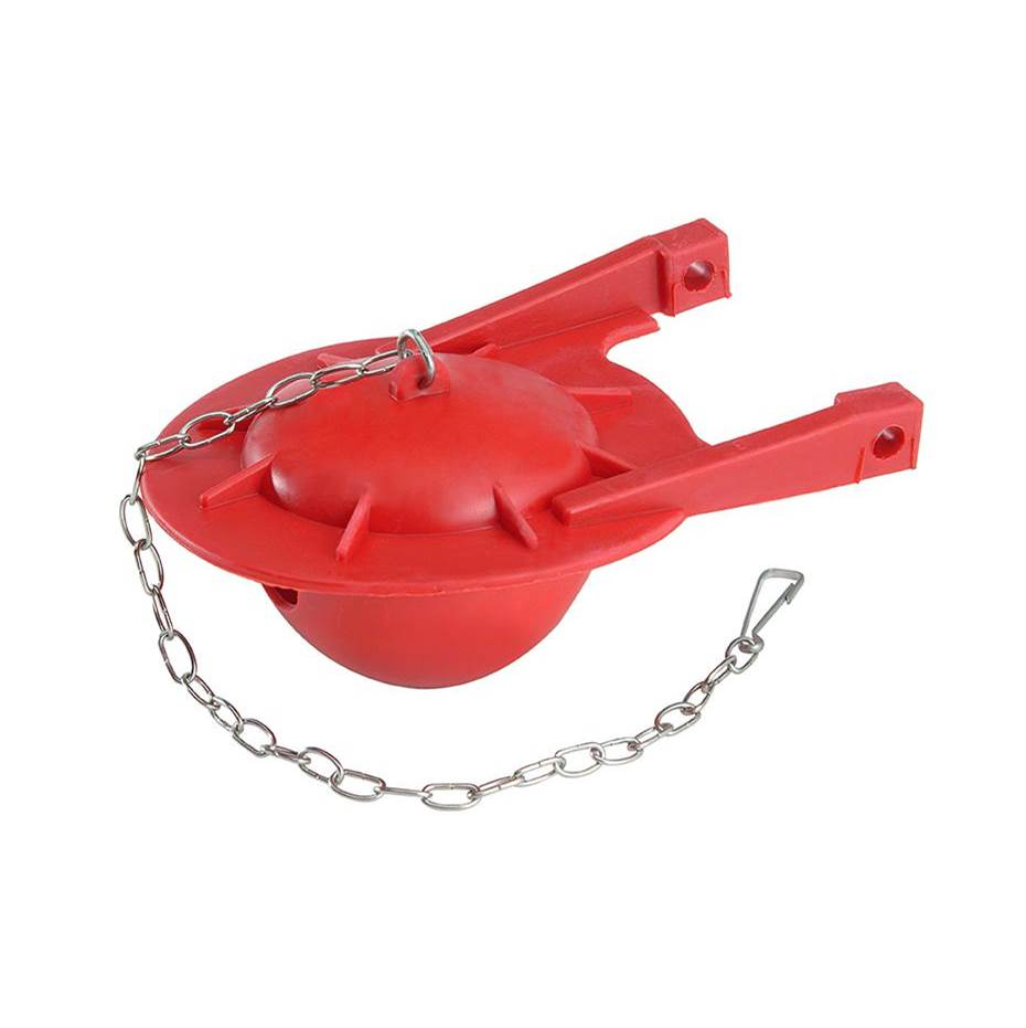 Red toilet flapper with two mounting arms and attached metal chain.