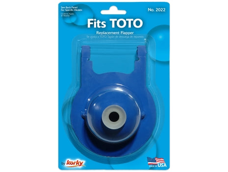 Blue plastic toilet flapper with metal center and mounting tabs in clear packaging labeled "Fits TOTO Replacement Flapper."