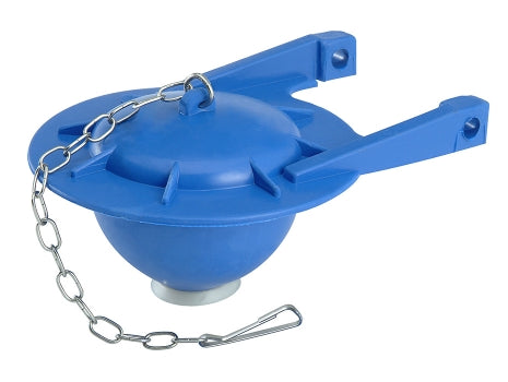 Blue plastic gravity flapper with metal chain and mounting brackets for toilet tank fill valve.