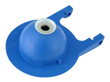 Blue plastic flapper with white rubber seal and two side tabs for toilet tank mechanism.
