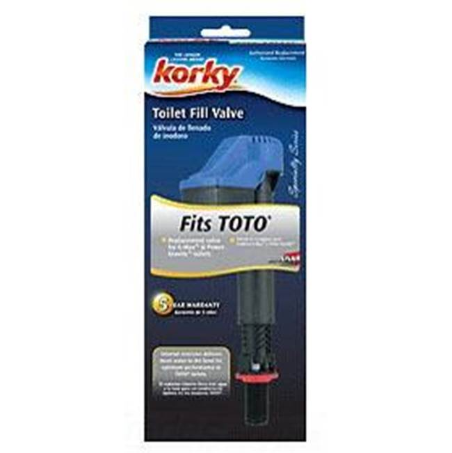 Korky toilet fill valve in packaging with blue top section, black valve component with red base, labeled "Fits TOTO."
