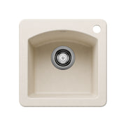 Soft white composite sink with single basin, rounded interior, chrome drain strainer, and mounting hole in top corner.