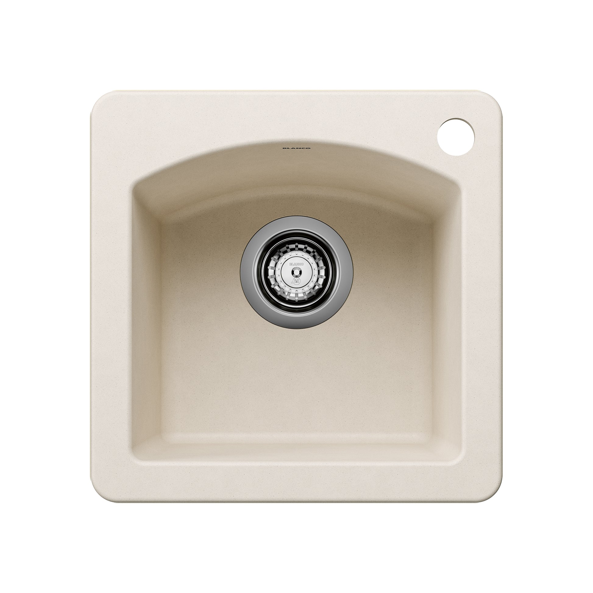 Soft white composite sink with single basin, rounded interior, chrome drain strainer, and mounting hole in top corner.