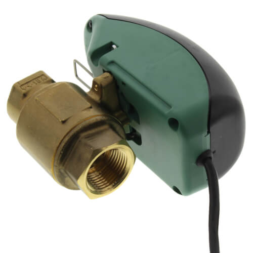 Brass water heater shut-off valve with green actuator head and NPT threaded connections.