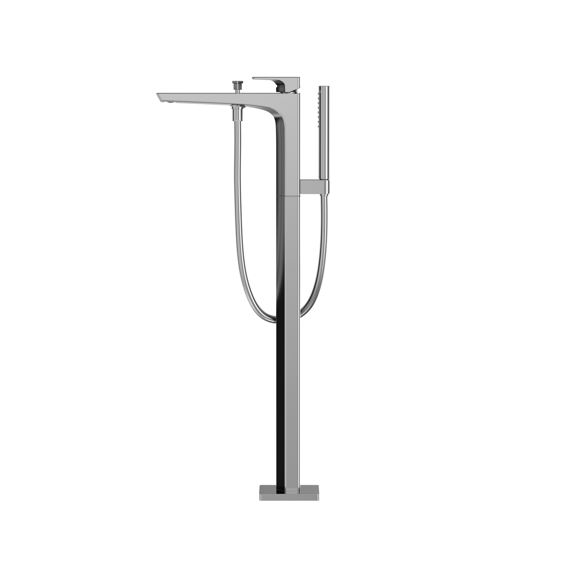 Polished chrome freestanding tub filler with single handle, curved spout, and attached handshower with hose.