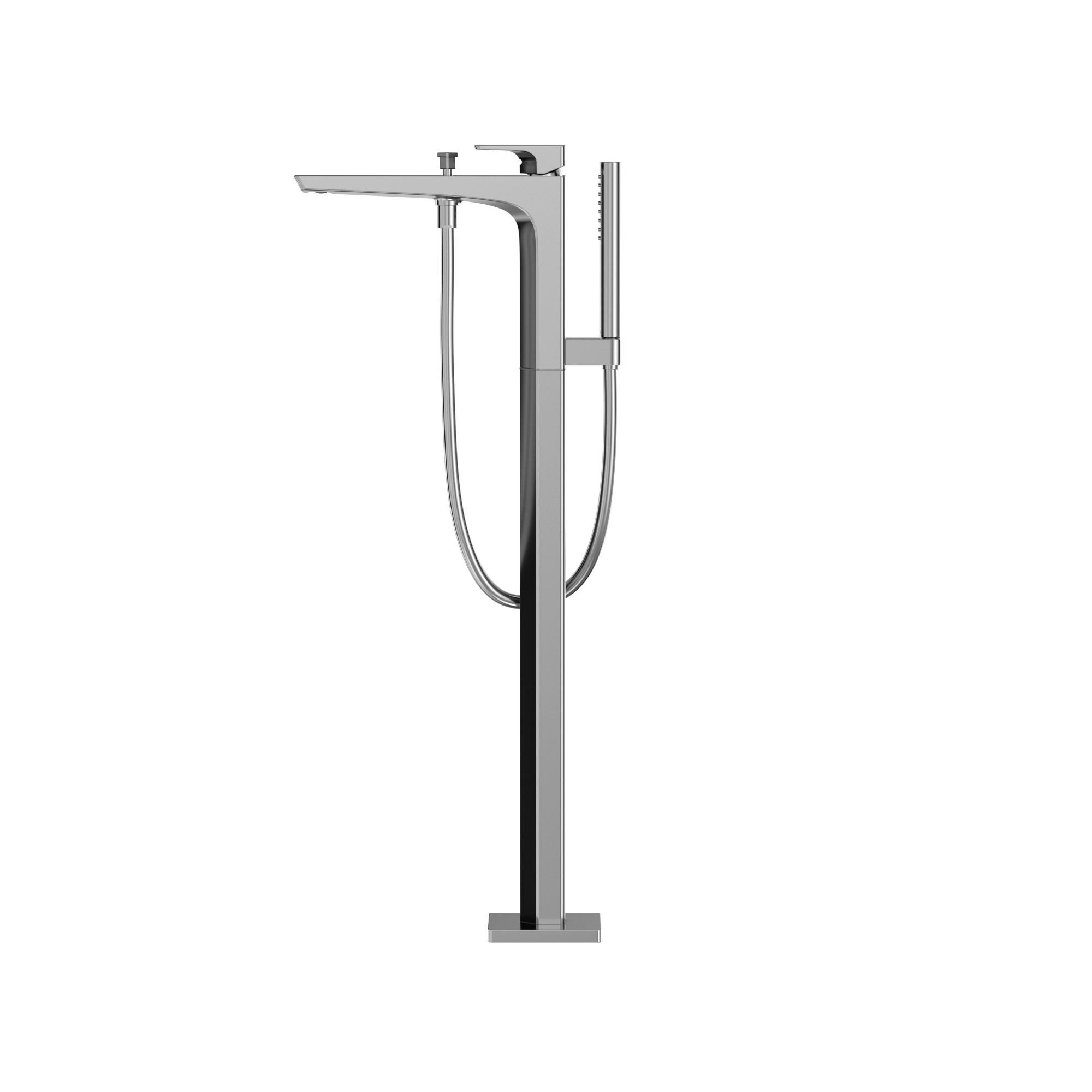 Polished chrome freestanding tub filler with single handle, curved spout, and attached handshower with hose.