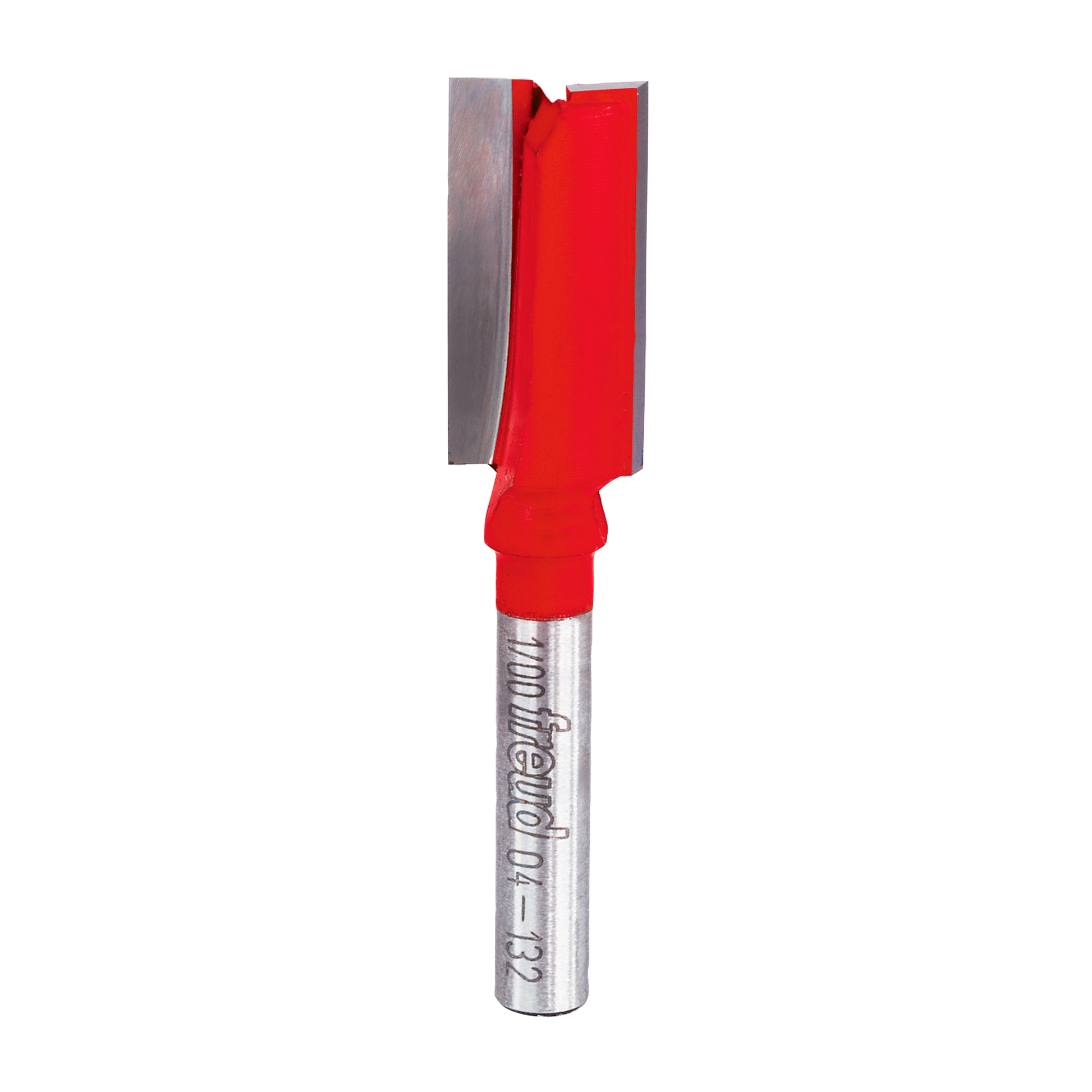 Red and silver router bit with two cutting flutes and cylindrical shank marked with Freud branding.