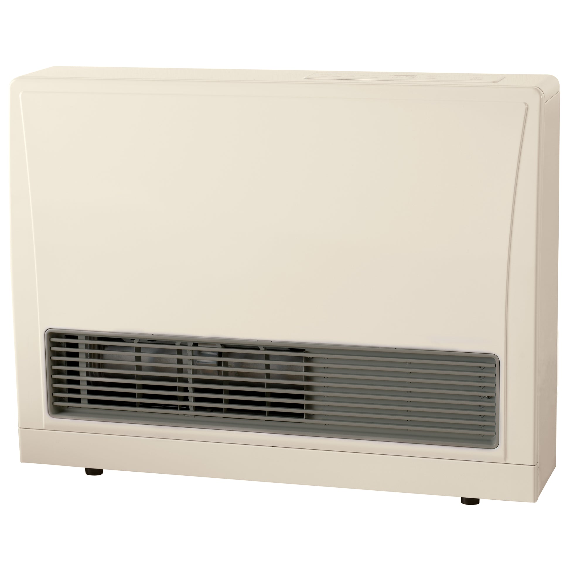 Beige wall-mounted furnace with horizontal black louvered vent panel and small feet at base.