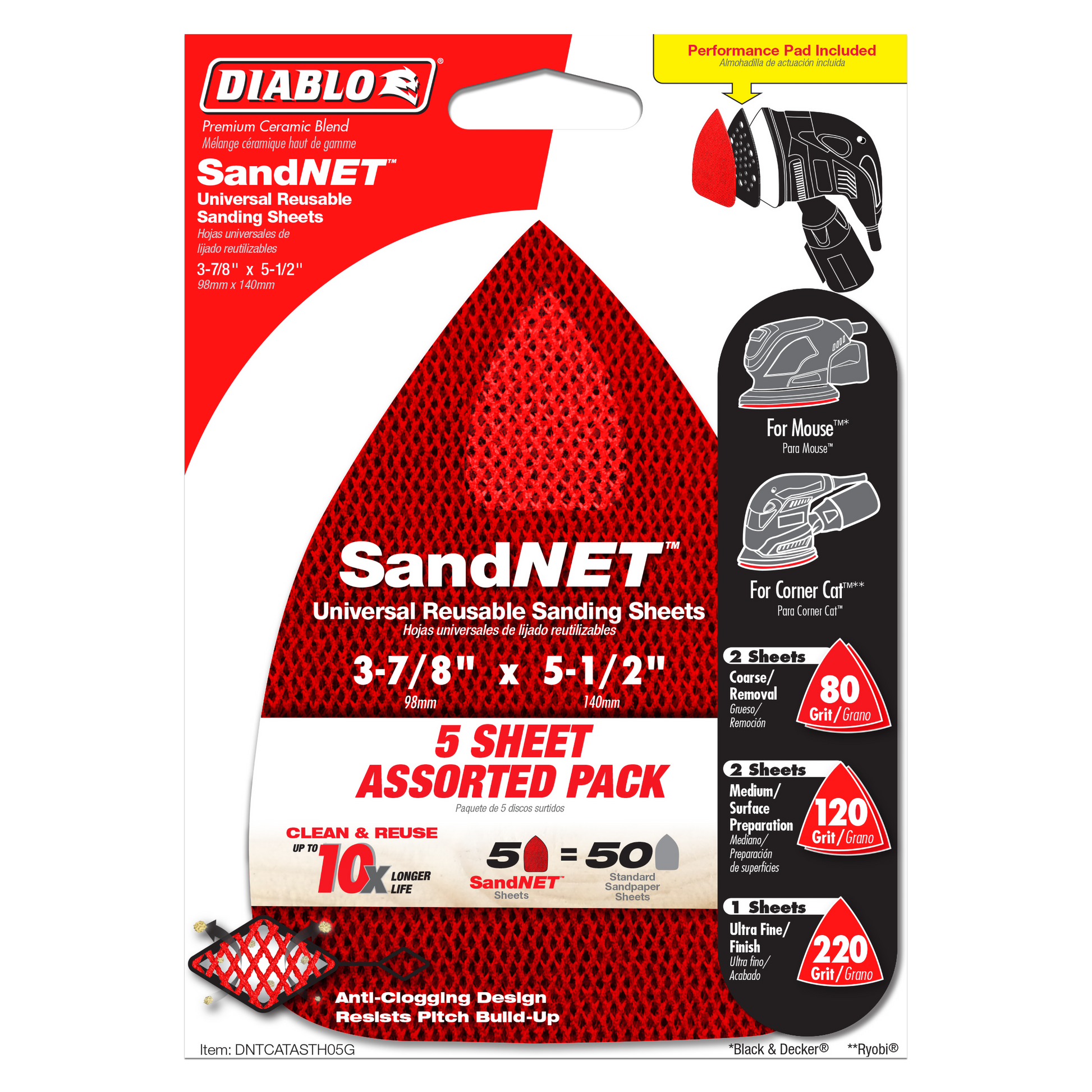 Five-piece assorted pack of red SandNET reusable sanding sheets, 3-7/8" x 5-1/2", with grit sizes 80, 120, and 220.