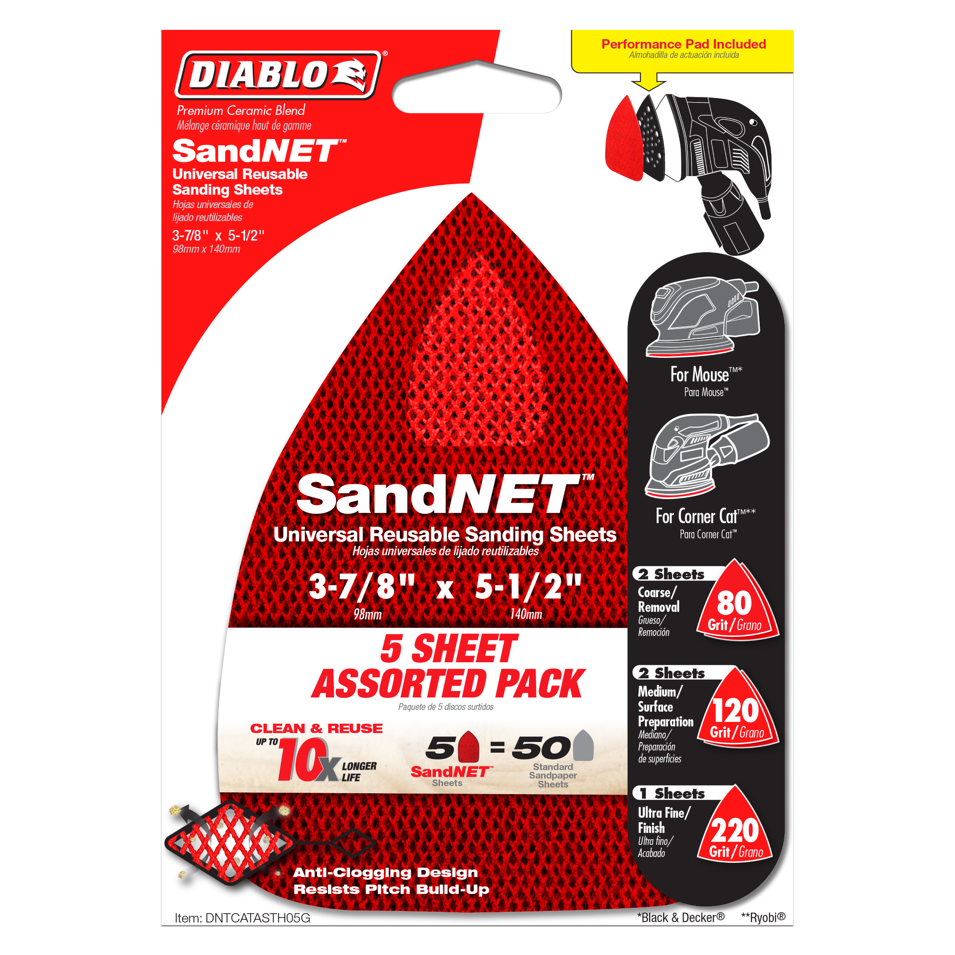 Five-piece assorted pack of red SandNET reusable sanding sheets, 3-7/8" x 5-1/2", with grit sizes 80, 120, and 220.
