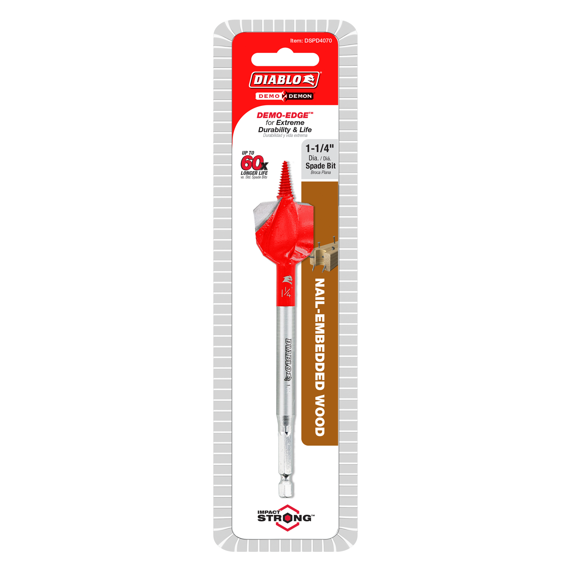 Red and silver spade bit with 1-1/4 inch diameter head on retail packaging card.
