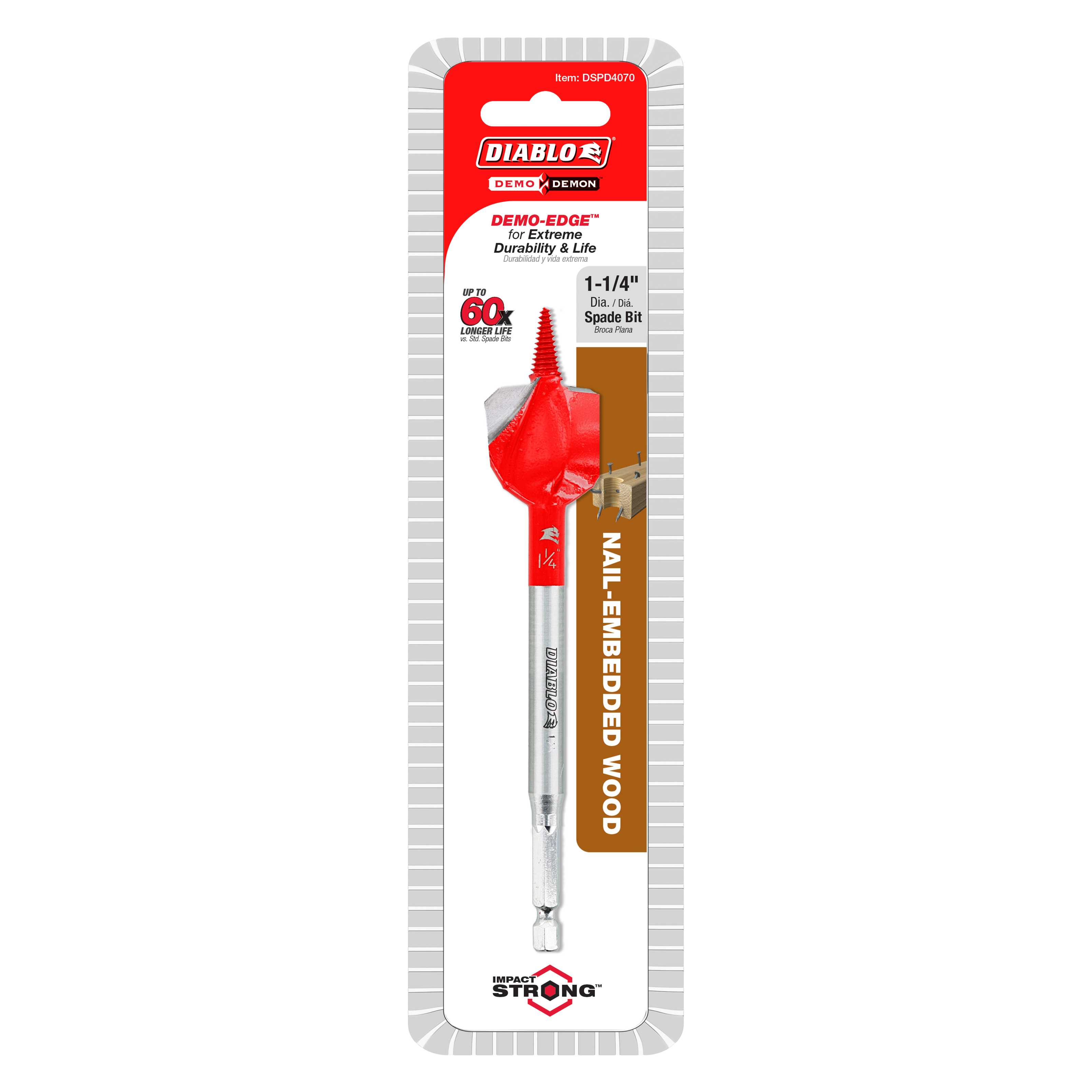 Red and silver spade bit with 1-1/4 inch diameter head on retail packaging card.