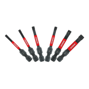 Six black Torx drive bits with red bands and black grips, arranged in a fan pattern showing different sizes.