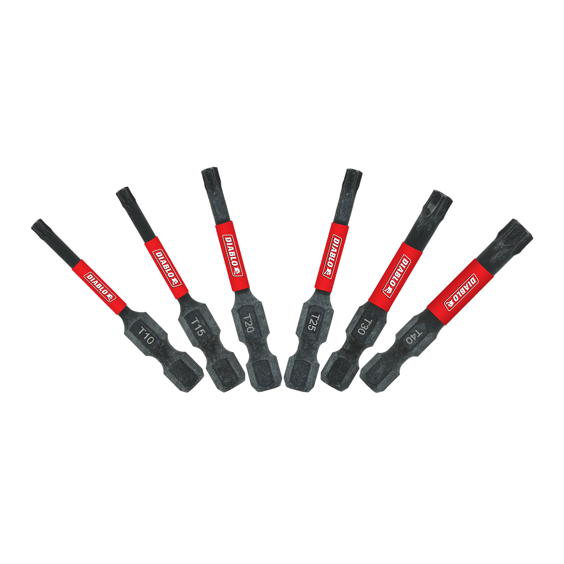Six black Torx drive bits with red bands and black grips, arranged in a fan pattern showing different sizes.