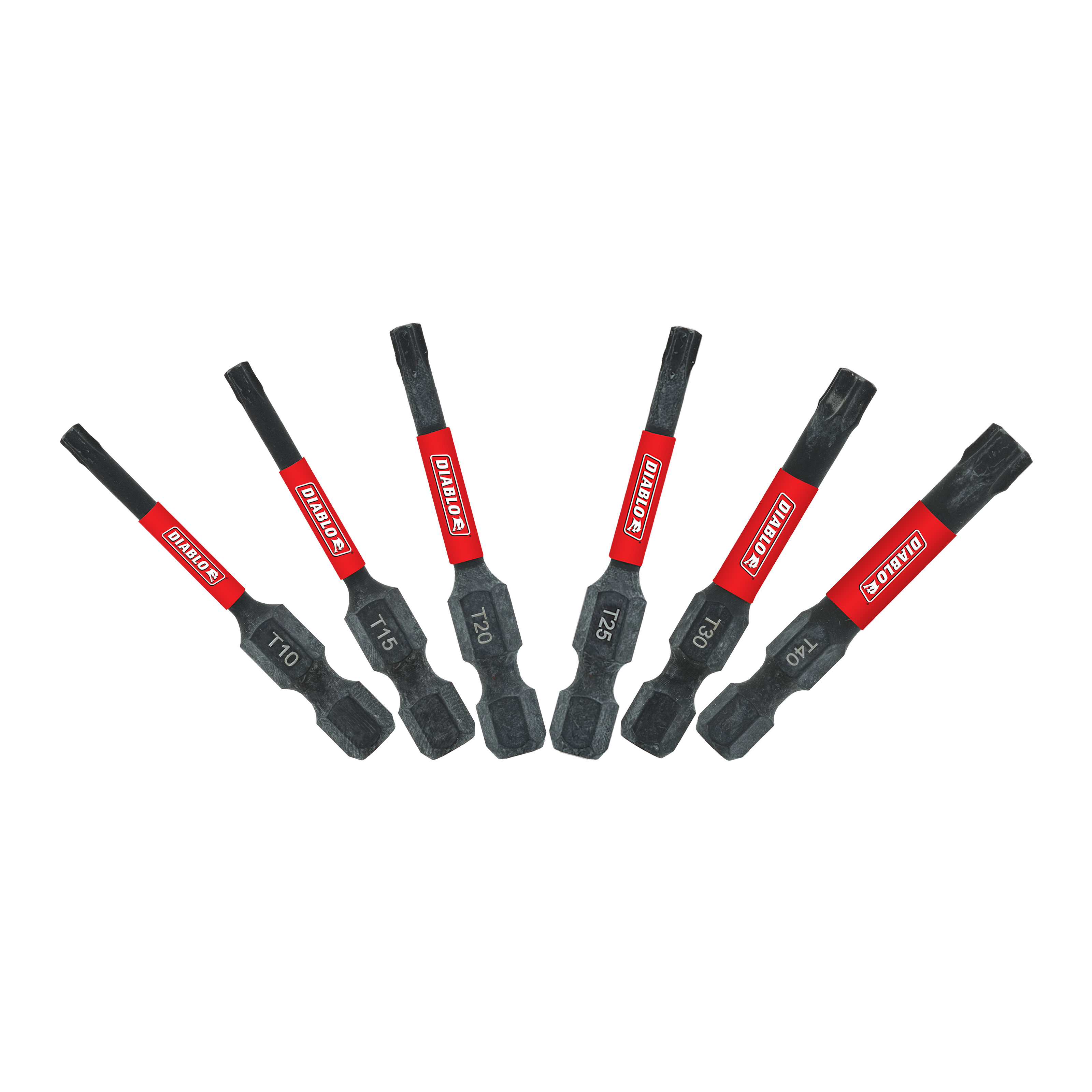 Six black Torx drive bits with red bands and black grips, arranged in a fan pattern showing different sizes.