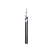 Silver metal router bit with tapered shaft and pointed ball tip with spiral flutes.