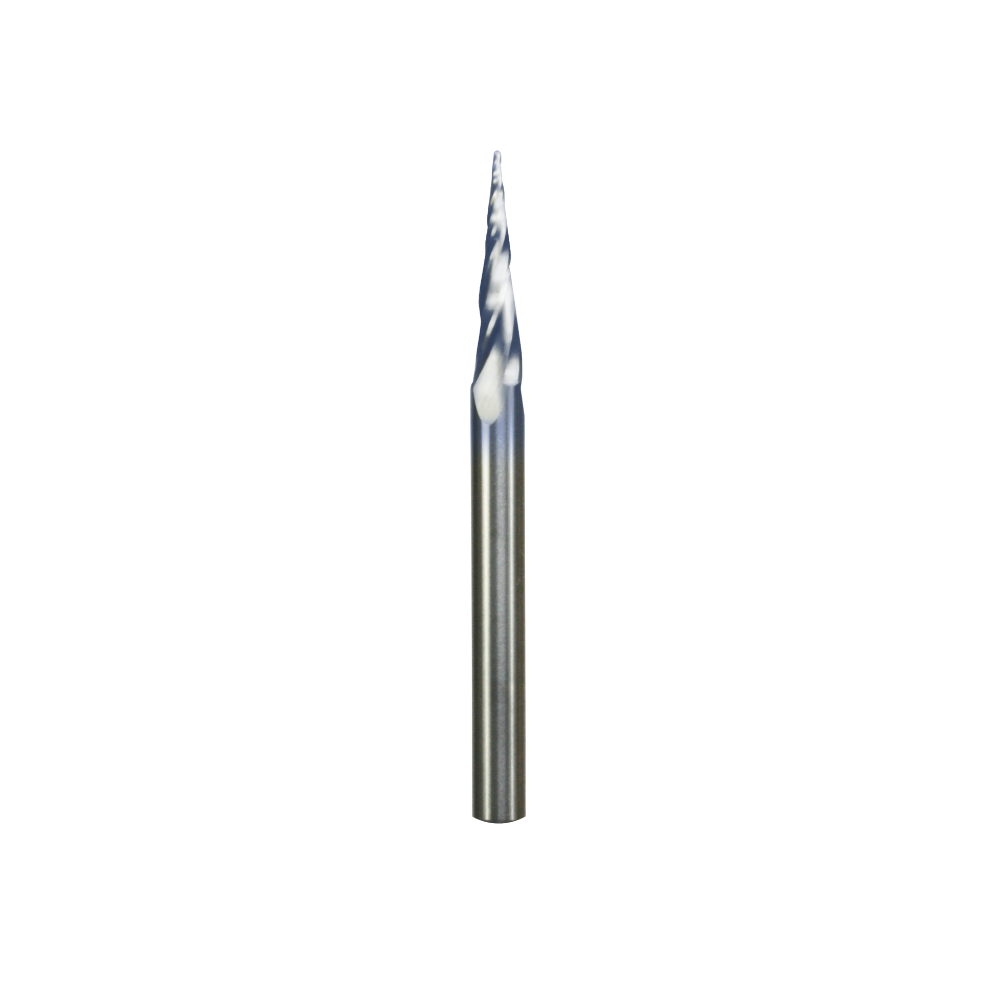 Silver metal router bit with tapered shaft and pointed ball tip with spiral flutes.