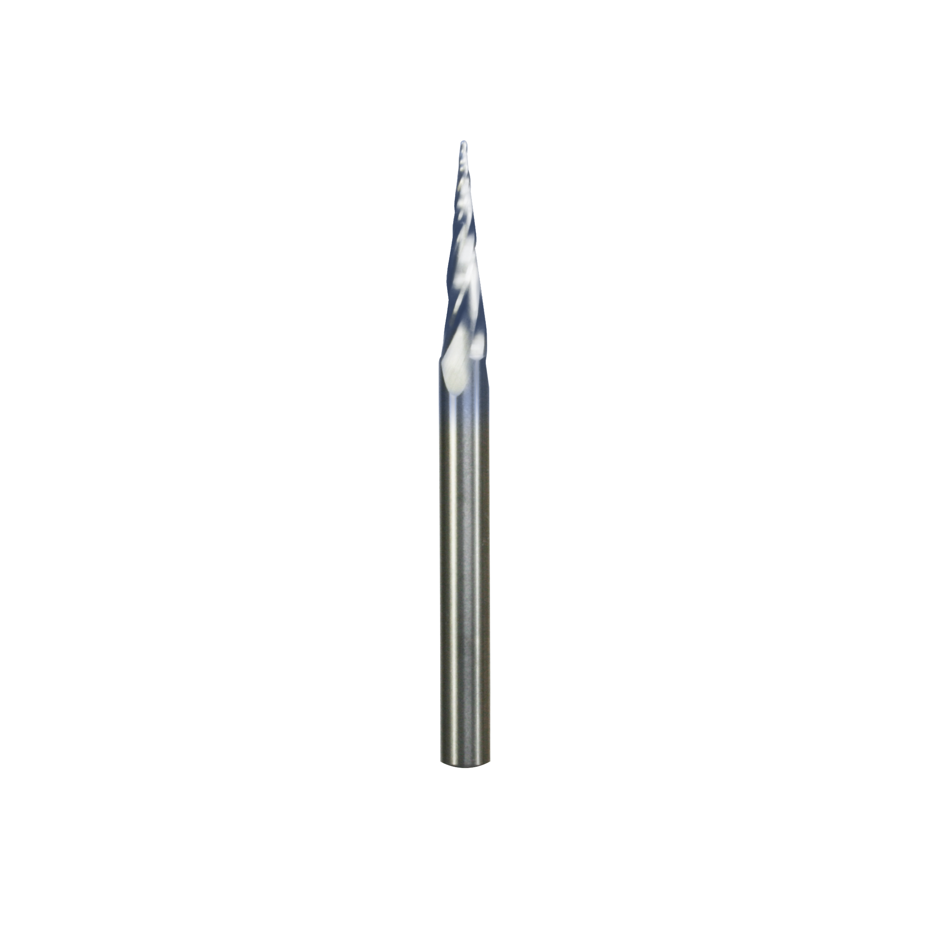 Silver metal router bit with tapered shaft and pointed ball tip with spiral flutes.