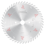Silver circular saw blade with angled teeth around perimeter, Freud branding, white center hole, and red markings.