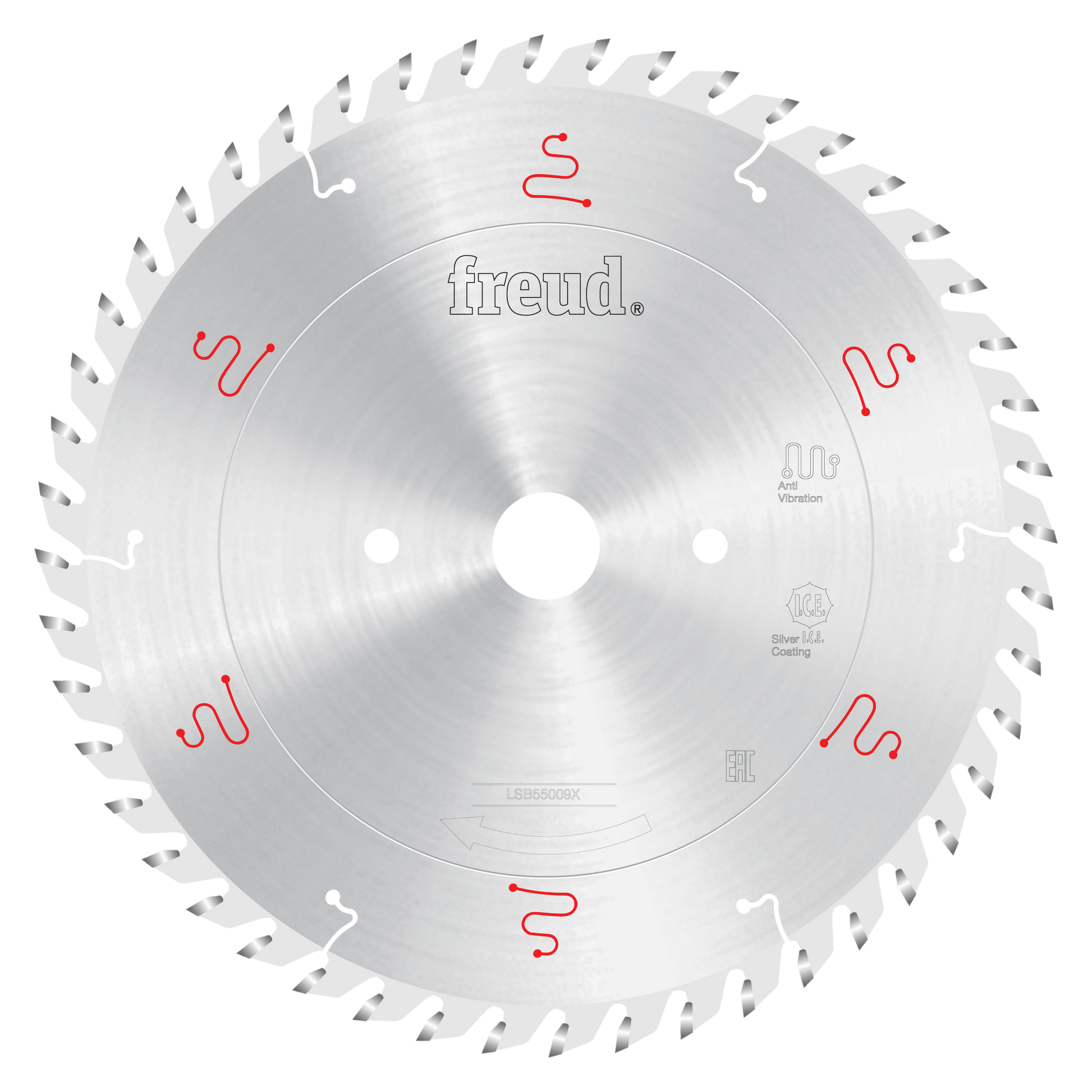 Silver circular saw blade with angled teeth around perimeter, Freud branding, white center hole, and red markings.