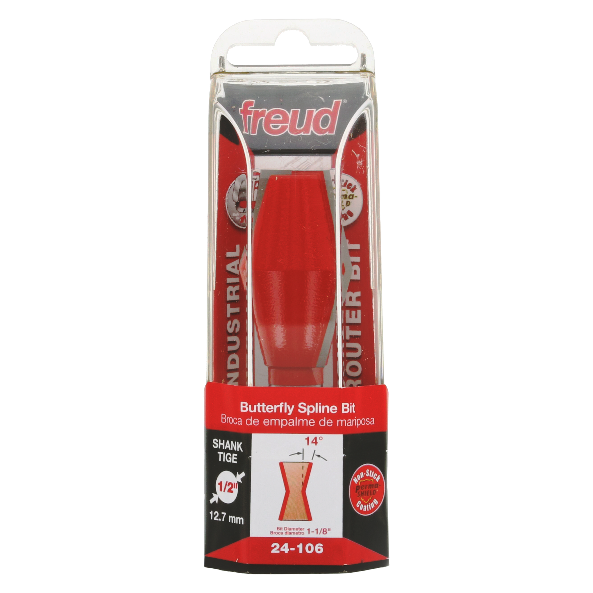 Red butterfly spline bit with 1/2" shank in clear plastic clamshell packaging labeled Freud 24-106.