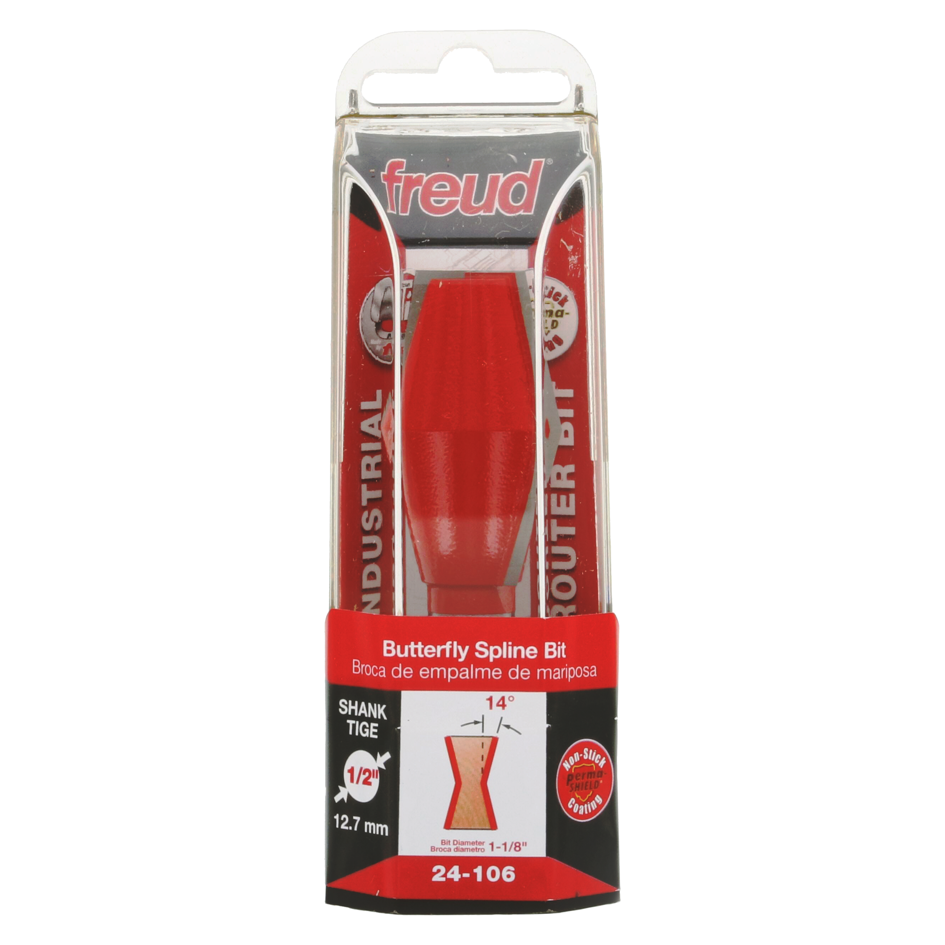 Red butterfly spline bit with 1/2" shank in clear plastic clamshell packaging labeled Freud 24-106.
