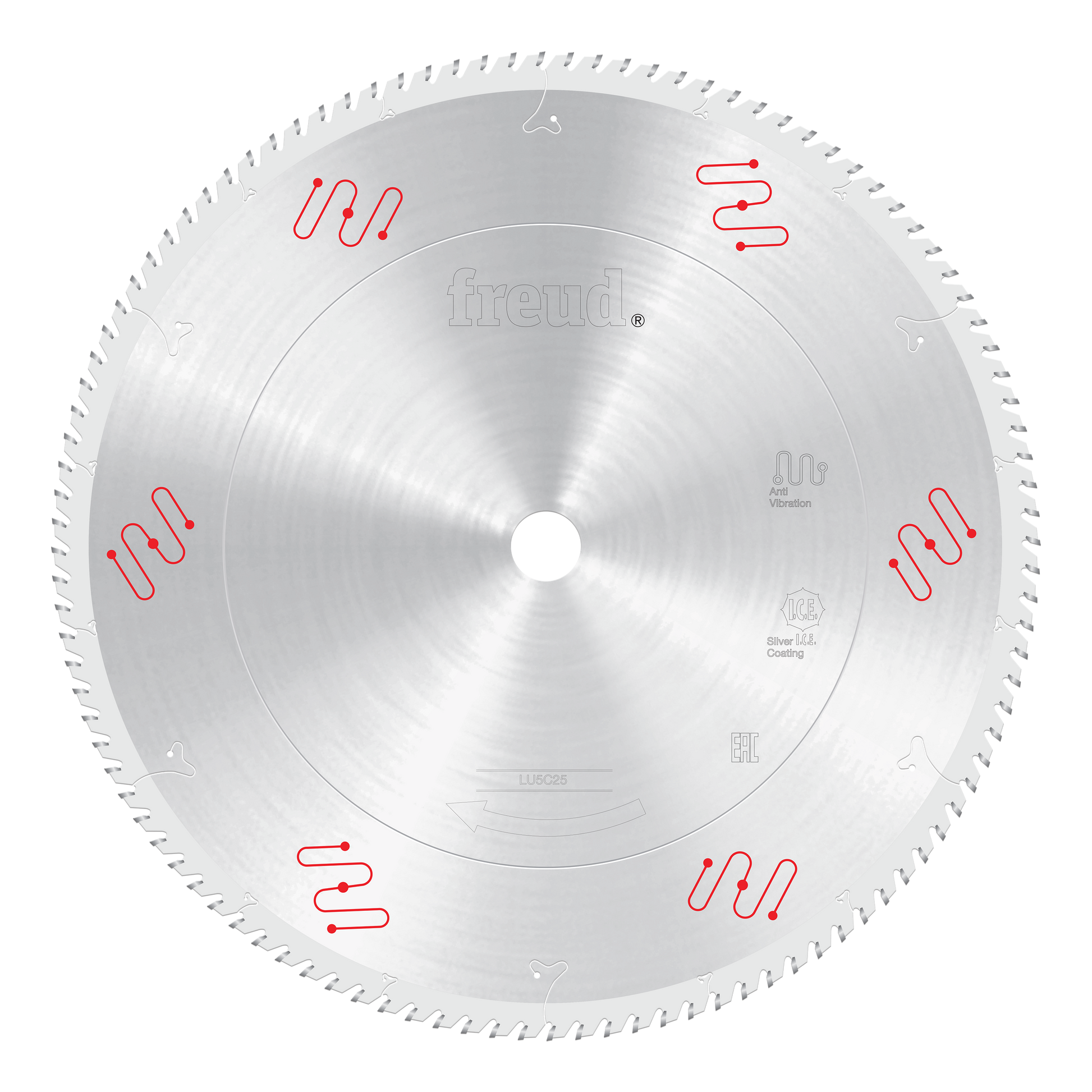 Freud LU5C25 450mm circular saw blade with fine teeth and red vibration reduction markings around the perimeter.