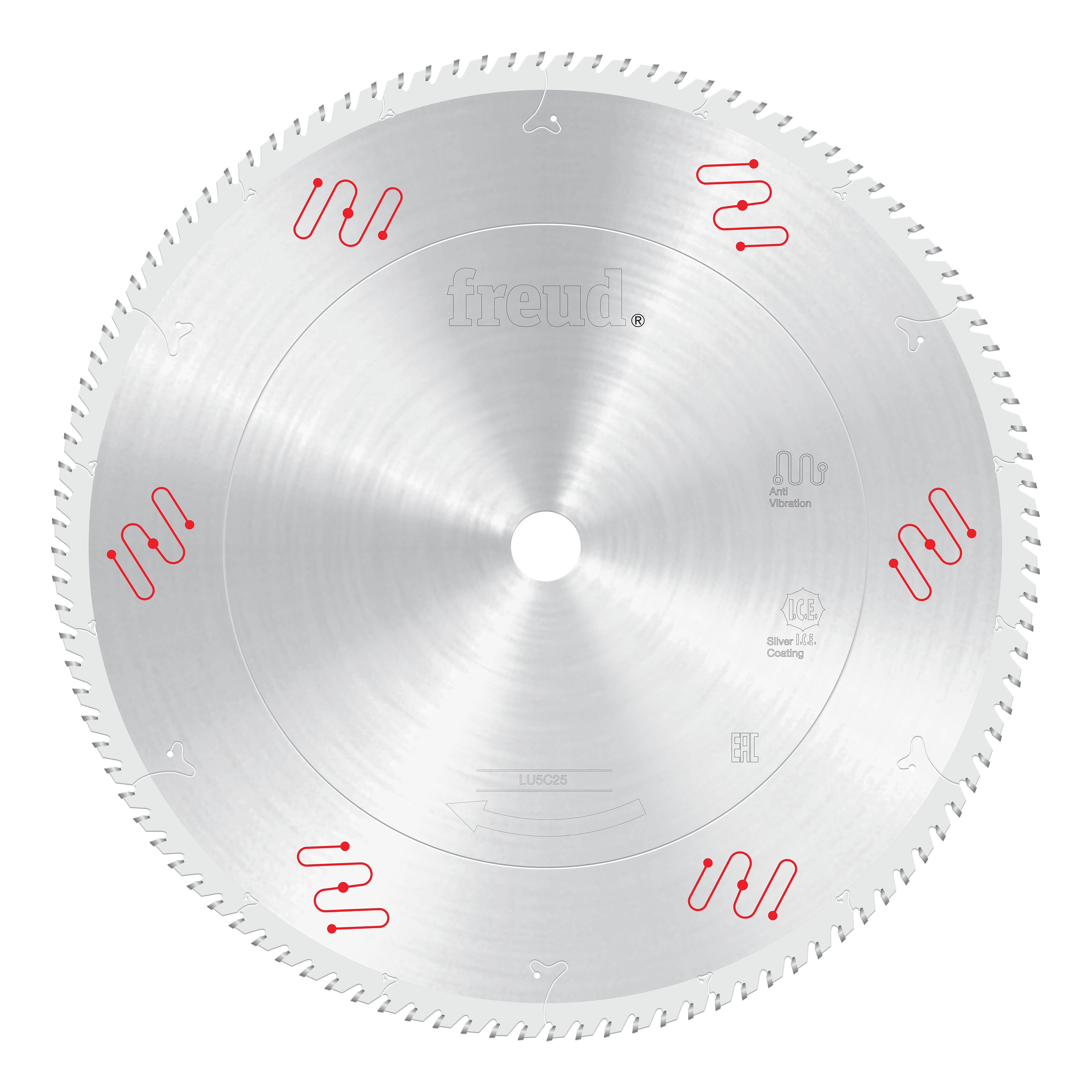 Freud LU5C25 450mm circular saw blade with fine teeth and red vibration reduction markings around the perimeter.