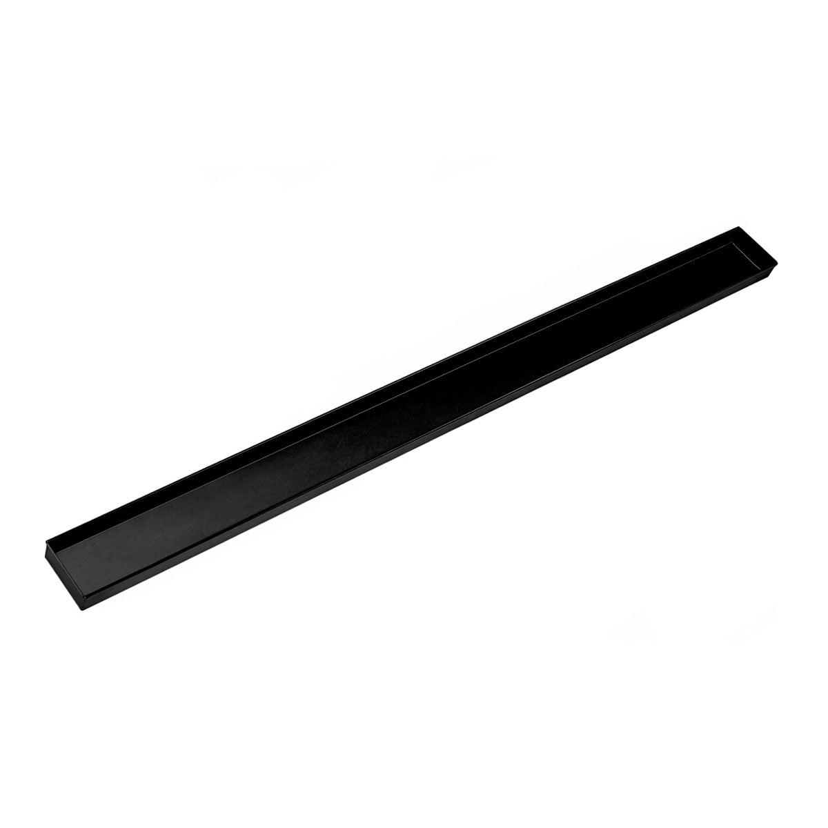 Matte black linear drain channel with rectangular profile and sloped design.