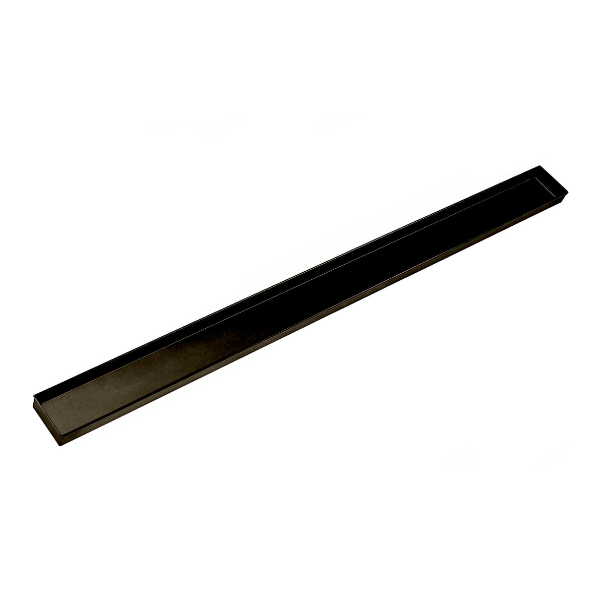 Oil rubbed bronze linear drain channel with angled slot opening along the length, positioned diagonally.