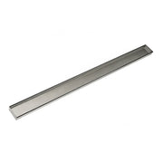 Polished stainless steel linear drain channel with rectangular tray design and sloped edges.