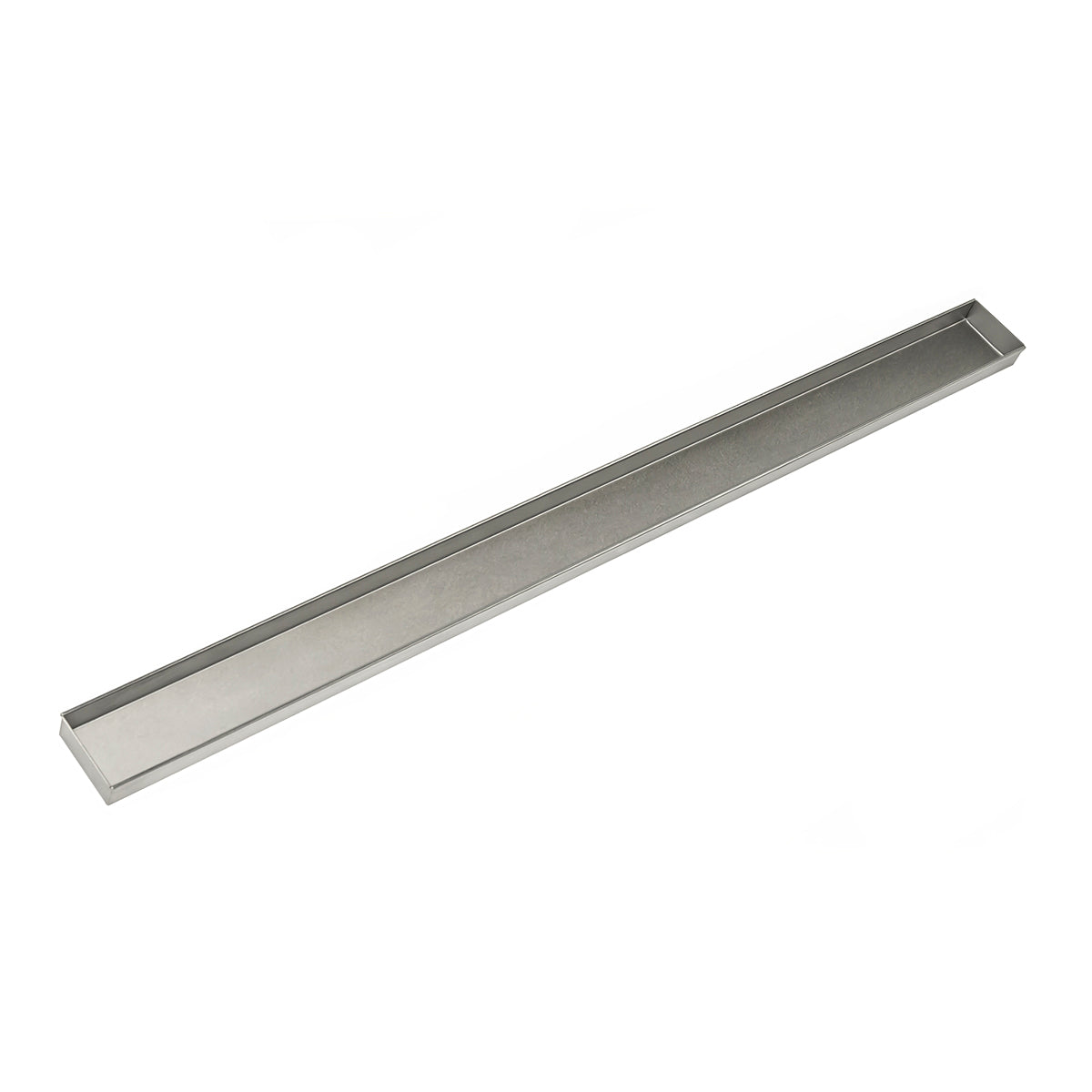 Satin stainless steel linear drain channel with closed ends and recessed center trough.